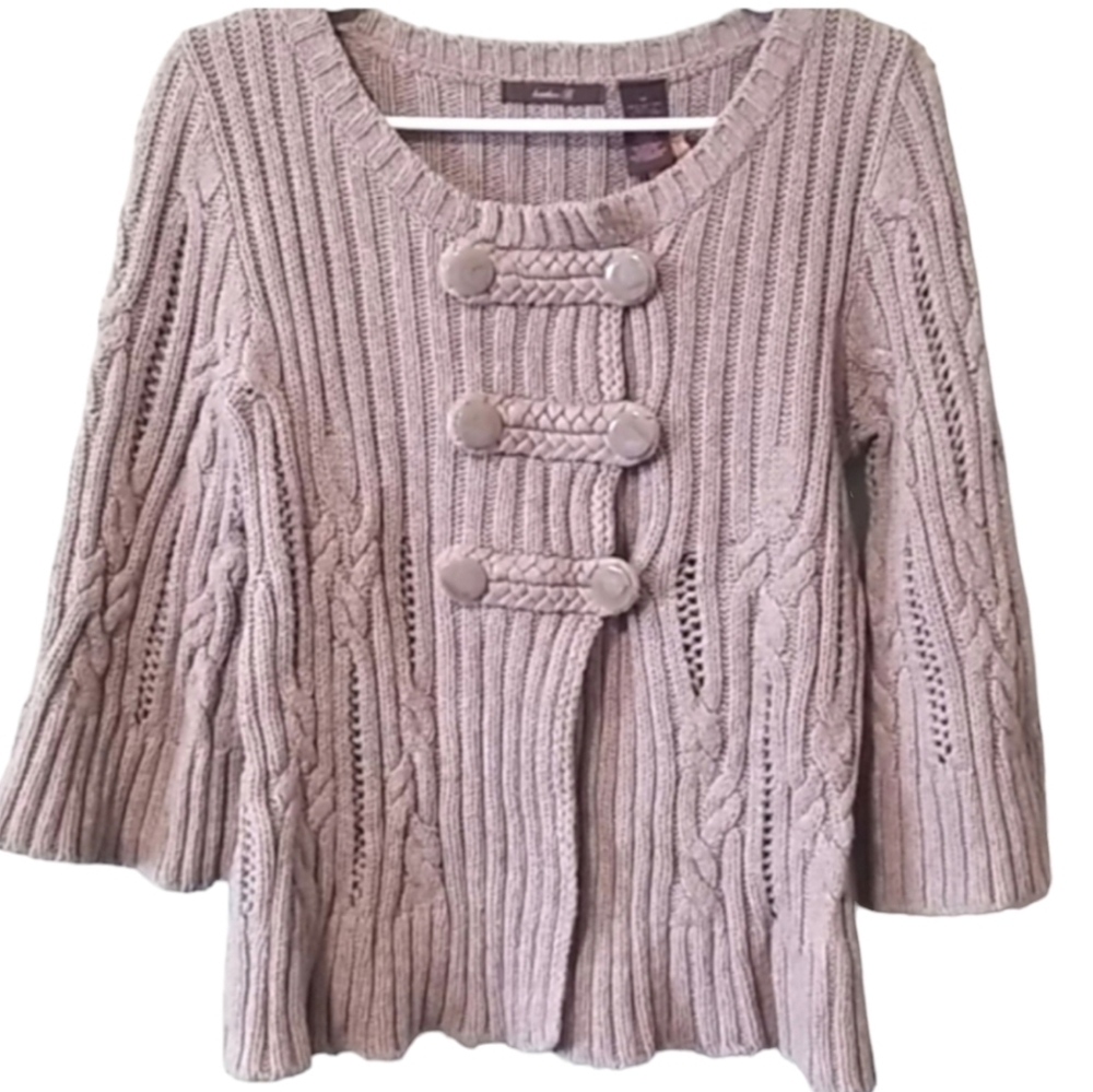 Heather B | Button Cable Knit Cardigan Sweater 3/4 Sleeves Scoop Neck Br…